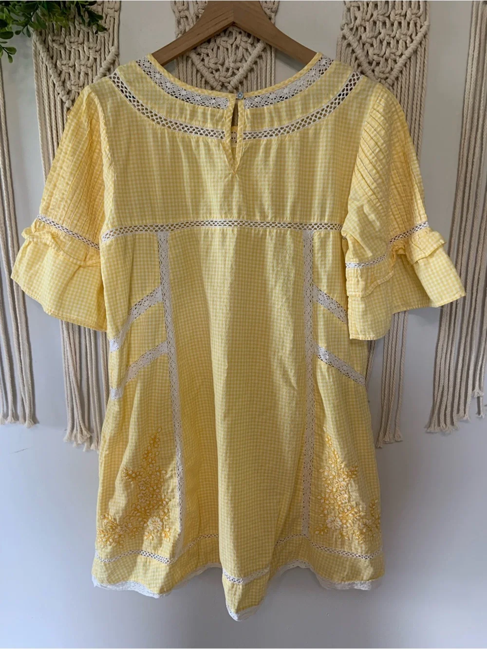 FREE PEOPLE Sunny Day Yellow Gingham Cotton Lace Dress Medium - Picture 3 of 10